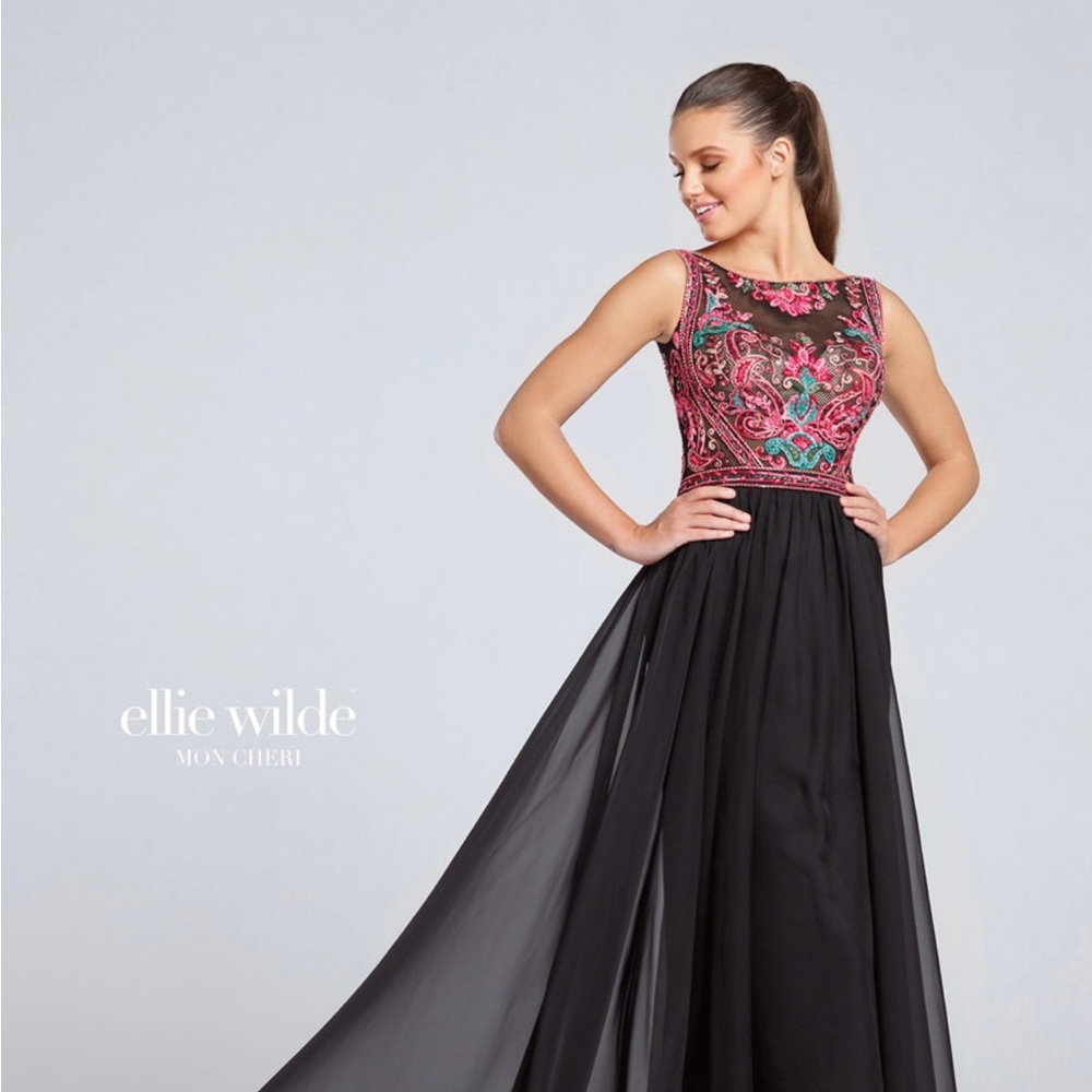 Black long dress with pink and green flowers on top